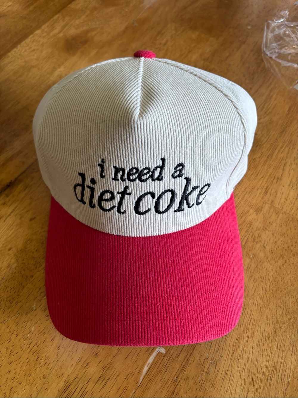 Zenana "I Need A Diet Coke" Two-Tone Corduroy Cap Hat Red/Beige NWT
